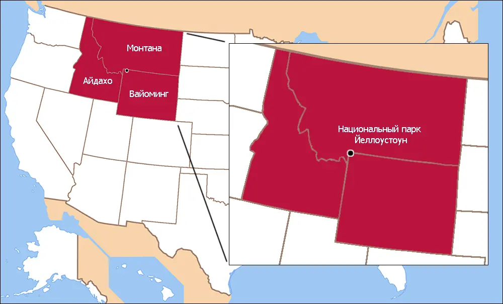 Йеллоустон на карте США
