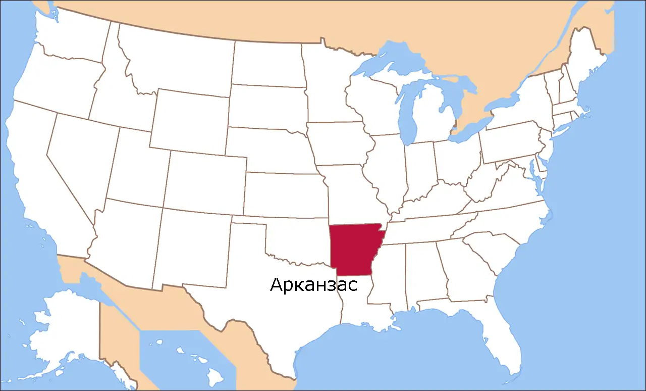 Штат Арканзас на карте США.