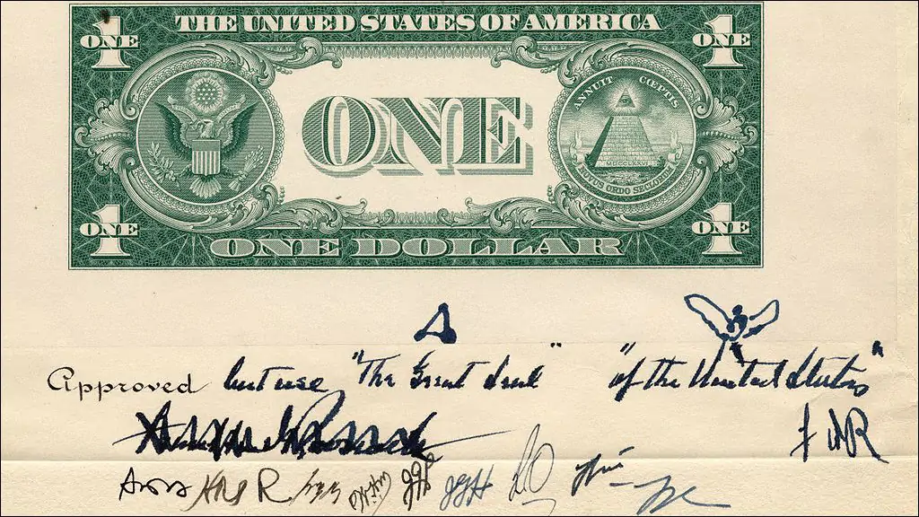 Образец дизайна банкноты в один доллар США с пометками Президента США Франклина Рузвельта